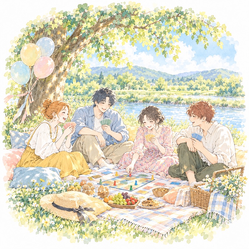 公園で、友だちとゲームを楽しむ人たち